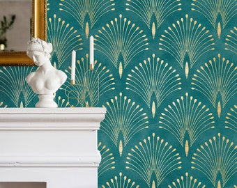 Gold and Teal Art Deco Palms Wallpaper Peel and Stick and Traditional Wallpaper Non-Metallic Wallpaper - C011