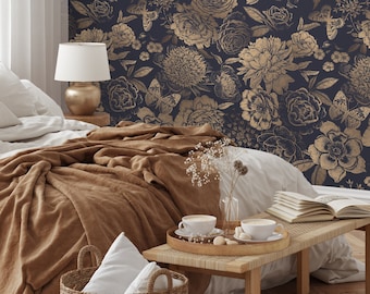 Gold Floral Wallpaper Vinatge Non-Metalic Wallpaper Peel and Stick and Traditional Wallpaper - A922