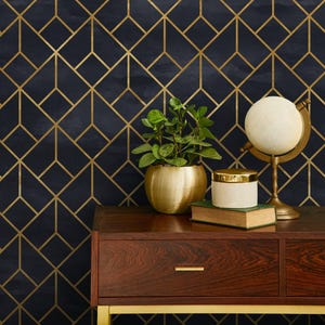 Art Deco Geometrische Marine-Gold Tapete - A392
