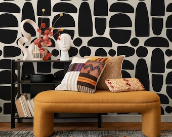 Black and Beige Abstract Wallpaper Peel and Stick and Traditional Wallpaper - C223