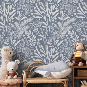 Blue Scandinavian Leaf Wallpaper Peel and Stick and Traditional Wallpaper - A761