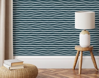 Dark Blue Minimalist Lines Wallpaper Boho Wallpaper Peel and Stick and Traditional Wallpaper - D751