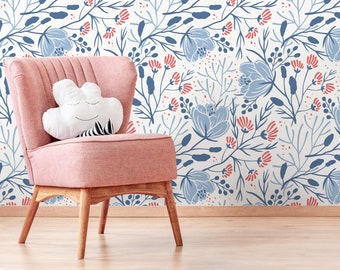 Blue Floral Scandinavian Wallpaper / Peel and Stick Wallpaper Removable Wallpaper Home Decor Wall Art Wall Decor Room Decor - D151