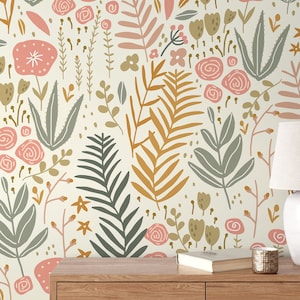 Boho Floral Garden Wallpaper / Peel and Stick Wallpaper Removable Wallpaper Home Decor Wall Art Wall Decor Room Decor - D116