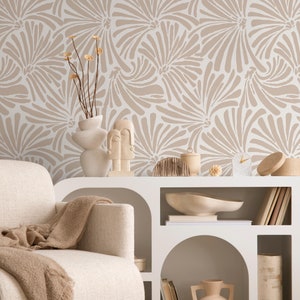 Beige Leaves Wallpaper / Peel and Stick Wallpaper Removable Wallpaper Home Decor Wall Art Wall Decor Room Decor - C666