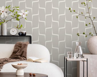 Abstract Wallpaper in White and Beige on Cream - Peel and Stick - C560