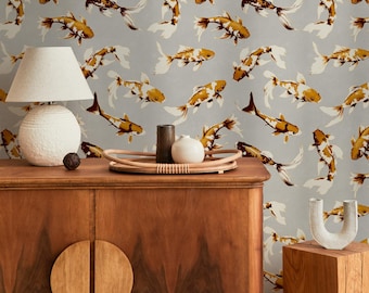 Koi fish wallpaper, Vintage marine wall mural, Japanese waves, Japanese fish - E068