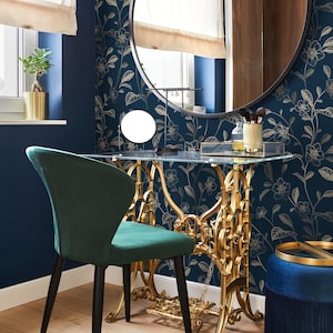 Navy and Gold Floral Vintage Wallpaper / Peel and Stick Wallpaper Removable Wallpaper Home Decor Wall Art Wall Decor Room Decor - C719