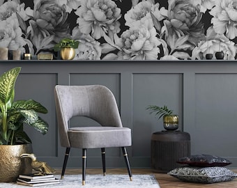 Black and White Vintage Peony Wallpaper Peel and Stick and Traditional Wallpaper - A171