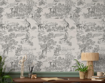 Toile Eclectic Animal Scene Wallpaper in Gray and Off-White on Off-White - Peel and Stick - E120