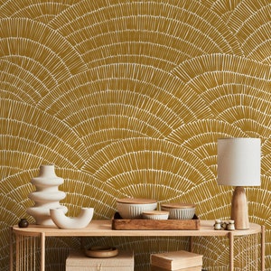 Yellow Abstract Waves Wallpaper Peel and Stick and Traditional Wallpaper - C025