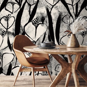 Wallpaper Peel and Stick Wallpaper Removable Wallpaper Home Decor Wall Art Wall Decor Room Decor / Black and Beige Floral Wallpaper - X192