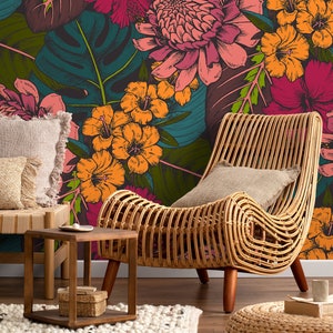 Tropical Hawaiian Wallpaper Colorful Leaves Peel and Stick and Traditional Wallpaper - B391