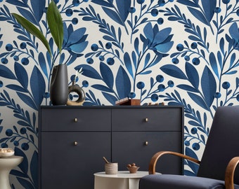 Blue Floral Wallpaper Peel and Stick and Traditional Wallpaper - A371