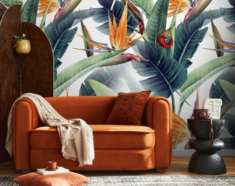 Tropical Floral Bird of Paradise Wallpaper Peel and Stick and Traditional Wallpaper - B037