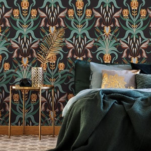Dark Vintage Floral Wallpaper Peel and Stick and Traditional Wallpaper - C296