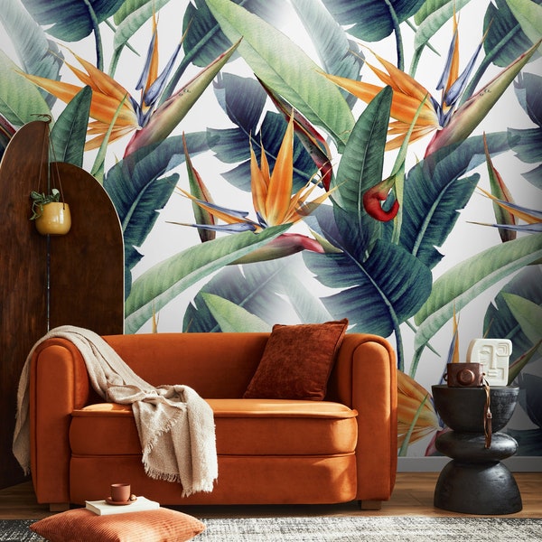 Tropical Floral Bird of Paradise Wallpaper Peel and Stick and Traditional Wallpaper - B037