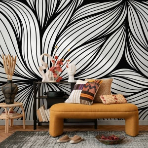 Black and White Abstract Floral Mural Wallpaper Peel and Stick and Traditional Wallpaper - B853