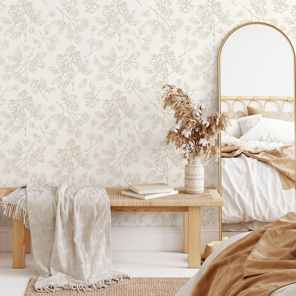 French Country Botanical Toile Wallpaper in Sage on Cream - Peel and Stick - E012