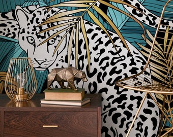 Jungle Wallpaper in Teal, Black, and Gold on Black - Peel and Stick - B537