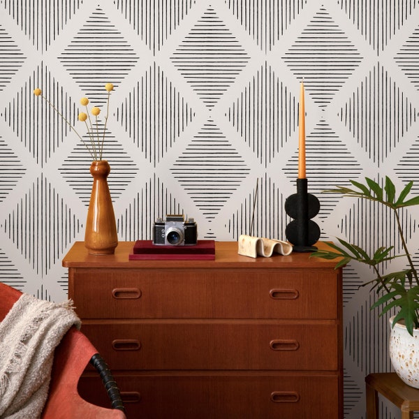 Modern Hatched Diamond Geometric Wallpaper in Black on White - Peel and Stick - C523