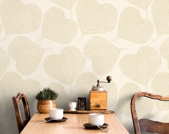 Neutral Leaf Boho Wallpaper / Peel and Stick Wallpaper Removable Wallpaper Home Decor Wall Art Wall Decor Room Decor - C933