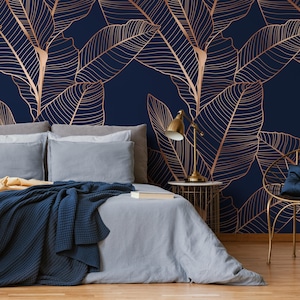 Tropical Navy and Gold Wallpaper Peel and Stick and Traditional Wallpaper Non-Metallic Wallpaper - B983