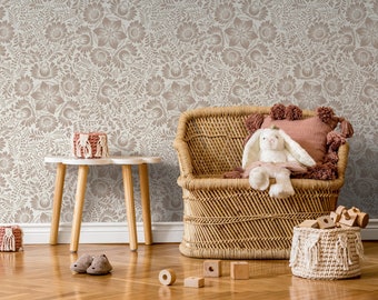 Neutral Floral Wallpaper / Peel and Stick Wallpaper Removable Wallpaper Home Decor Wall Art Wall Decor Room Decor - D069