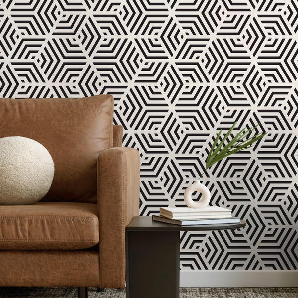 Mid Century Geometric Black & White Wallpaper - A331