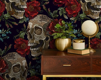 Dark Roses Wallpaper Gothic Skull Wallpaper Peel and Stick and Traditional Wallpaper - D893
