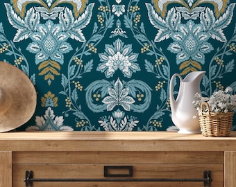 Aqua Vintage Victorian Wallpaper / Peel and Stick Wallpaper Removable Wallpaper Home Decor Wall Art Wall Decor Room Decor - D222