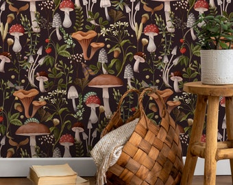 Botanical Mushroom Wallpaper Dark Floral Wallpaper Peel and Stick and Traditional Wallpaper - D816