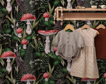 Dark Botanical Wallpaper Fern and Mushroom Wallpaper Peel and Stick and Traditional Wallpaper - D921
