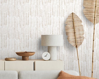Neutral Boho Herringbone Wallpaper Peel and Stick and Traditional Wallpaper - C357