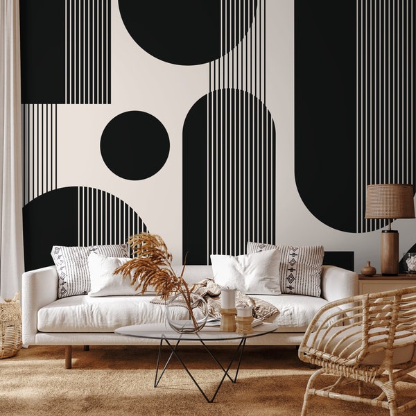 Black Geometric Wallpaper Modern Mural Peel and Stick and Traditional Wallpaper - C481