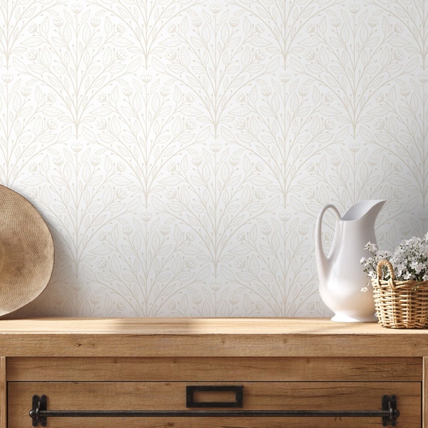 Art Nouveau Fountain Floral Wallpaper in Beige on White - Peel and Stick - D042