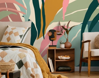 Colorful Tropical Leaves Mural Wallpaper Peel and Stick and Traditional Wallpaper - B634