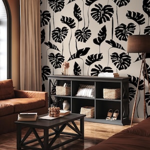 Black and Beige Monstera Wallpaper Peel and Stick and Traditional Wallpaper - C270
