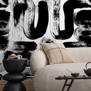 Black and White Abstract Brush Wallpaper Peel and Stick and Traditional Wallpaper - X175