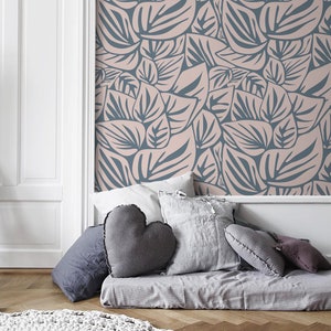 Blue and Beige Leaf Wallpaper Modern Wallpaper Peel and Stick and Traditional Wallpaper - D652