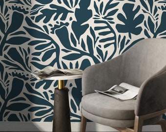 Dark Blue Leaves Wallpaper Abstract Wallpaper Peel and Stick and Traditional Wallpaper - D699