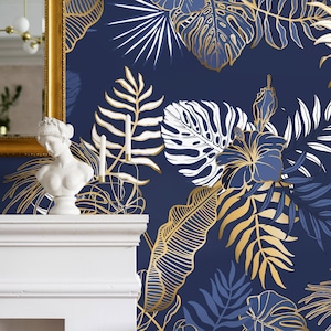 Blue Tropical Leaves Wallpaper Banana Leaf Peel and Stick and Traditional Wallpaper - B024