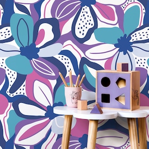 Purple and Blue Floral Wallpaper Fun Wallpaper Peel and Stick and Traditional Wallpaper - D656