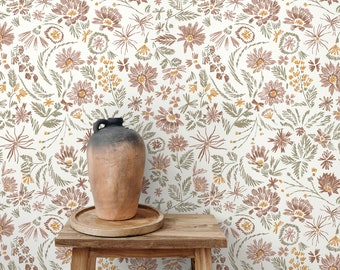 Floral Hand-Drawing Wallpaper / Peel and Stick Wallpaper Removable Wallpaper Home Decor Wall Art Wall Decor Room Decor - D320