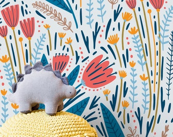 Scandinavian Floral Garden Wallpaper / Peel and Stick Wallpaper Removable Wallpaper Home Decor Wall Art Wall Decor Room Decor - D399