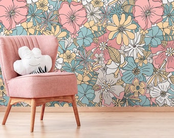 Pastel Color Floral Wallpaper / Peel and Stick Wallpaper Removable Wallpaper Home Decor Wall Art Wall Decor Room Decor - D382