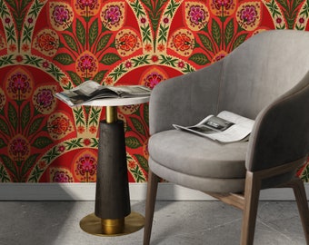 Red Boho Floral Wallpaper Peel and Stick and Traditional Wallpaper - C451