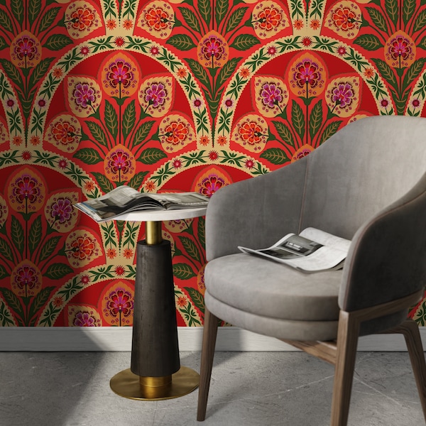 Red Boho Floral Wallpaper Peel and Stick and Traditional Wallpaper - C451