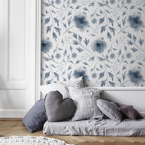 Watercolor Flowers Modern Blue Gray Wallpaper - X125
