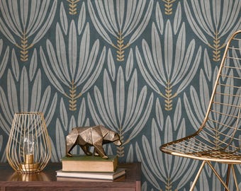 Art Deco Wallpaper with a Stylized Leaf Motif in Teal, Gray, and Gold - E477